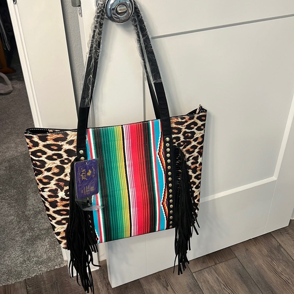 Serape, leopard and fringe tote.